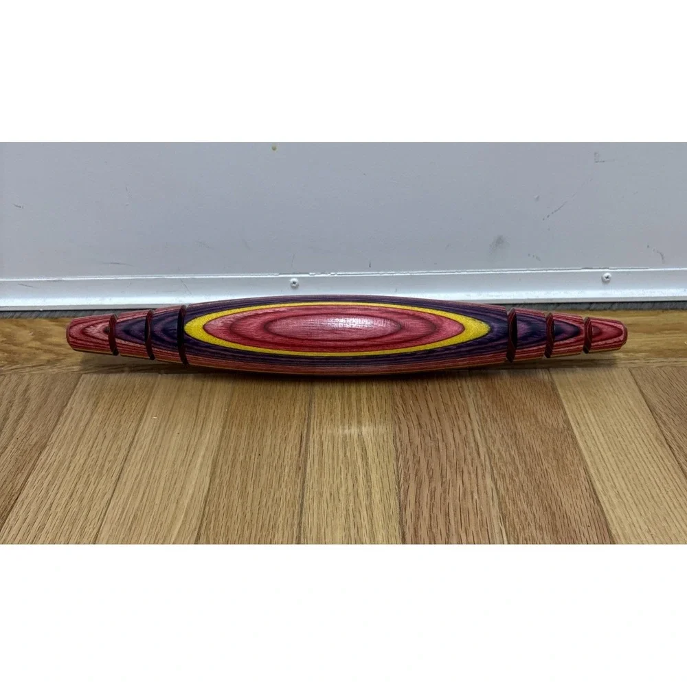 Tom Foster SIGNED Hand Turned Tapered Multicolor Carved Wood Rolling Pin 15.75x2